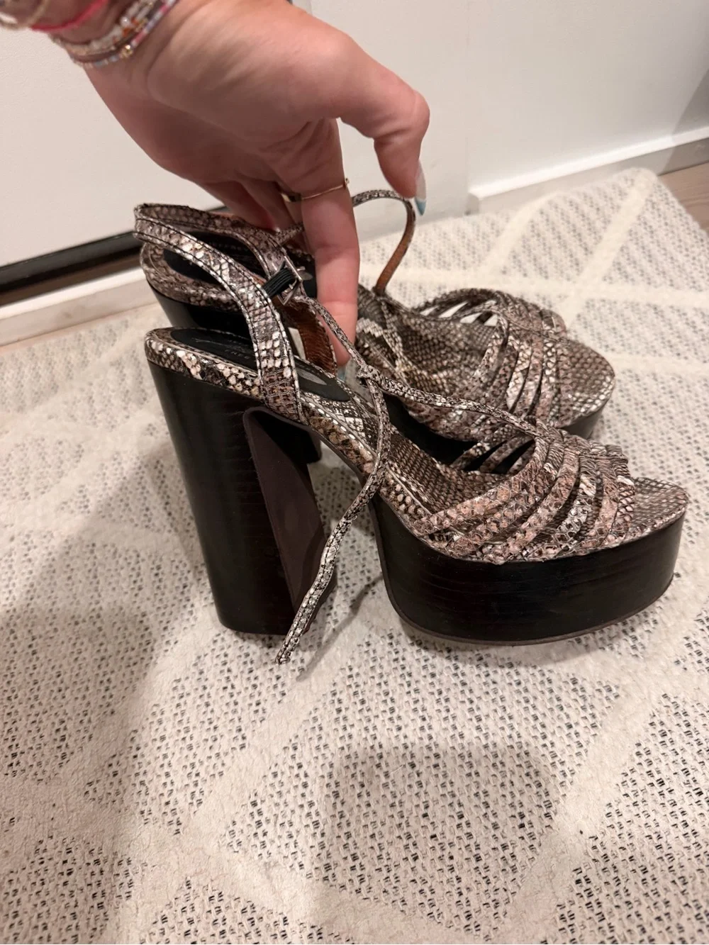 Platform Snake-Print Strappy Heels in Neutral Tones